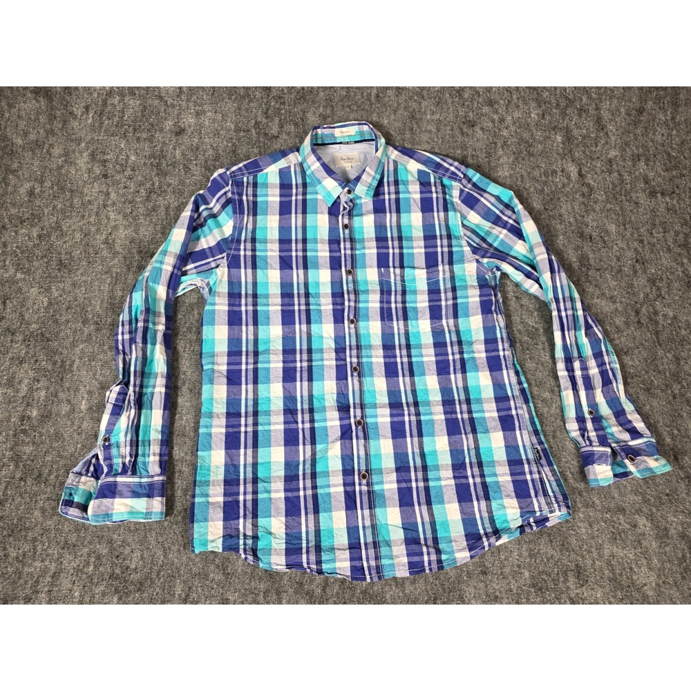 Mens Shirt Button Down Large Blue Turquoise Plaid Long Sleeve Pepe Jeans London